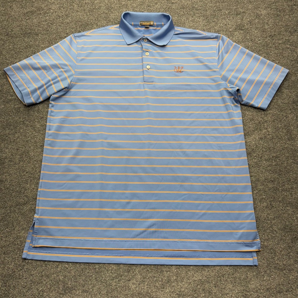 Peter Millar Summer Comfort Polo Shirt Mens Large Blue Orange Striped Golf Top